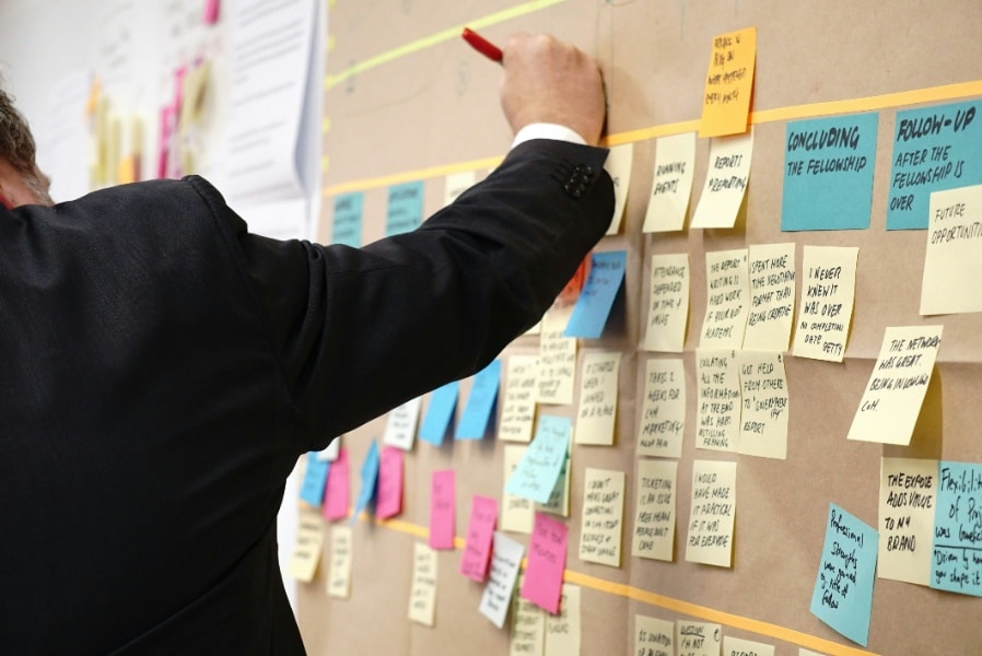 Een persoon in een pak schrijft op een muur bedekt met gekleurde post-its.